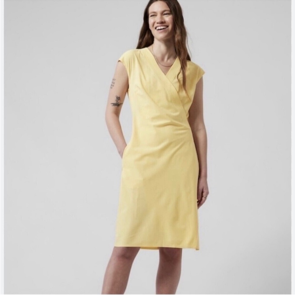 Athleta Newport Wrap Dress City Stripe Lunaria Butter Yellow